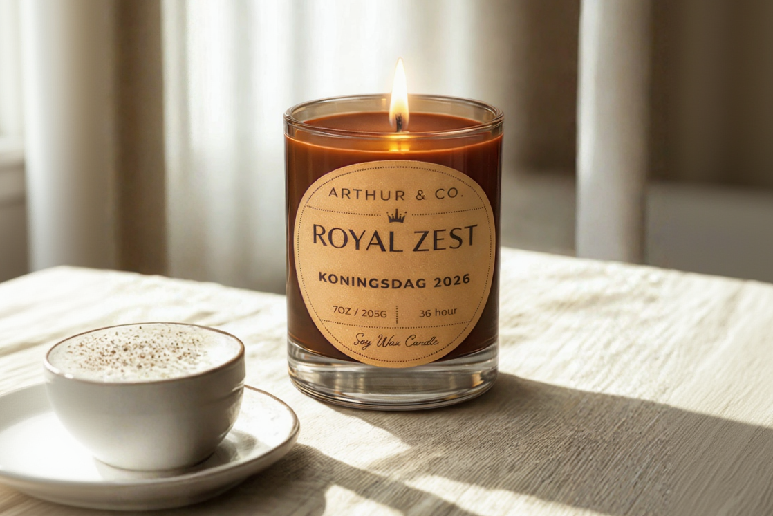 Candle labeled 'Royal Zest' by Arthur & Co. on a table with a cup of coffee.